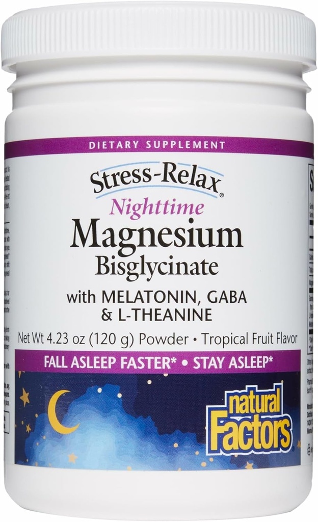 Factores naturales Stress-Relax Nighttime Magnesium Bisglycinate - Supports Sleep & Relaxation* - with Melatonin, L-Theanine &amp; GABA - Tropical Flavor - 4.23 oz
