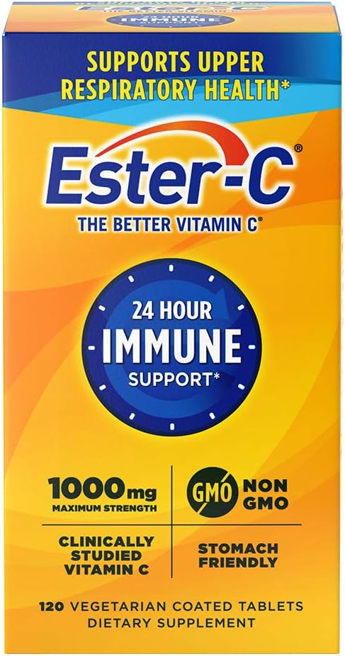 Ester-C Vitamina C 1000 mg Coated Tablets, Immune System Booster, Stomach-Friendly Supplement, 120 Count