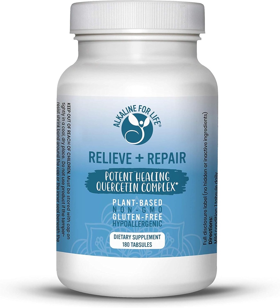 Relieve + Repair Quercetin 1000mg, Pomegranate Juice Powder, OPC Antioxidants Supplement - Pure Quercetin Dihydrate -Preferred Form for Bioavailability (180 Easy to Swallow Tabs)