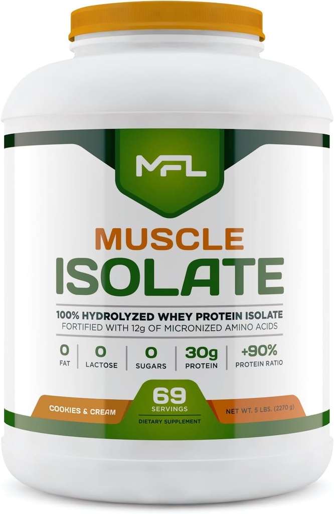 MFL 100% Isolate Protein l 30g de Protein l 12g Amino Acids l Keto Friendly l Low Carbs l 5 lbs. (Cookies &amp; Cream)