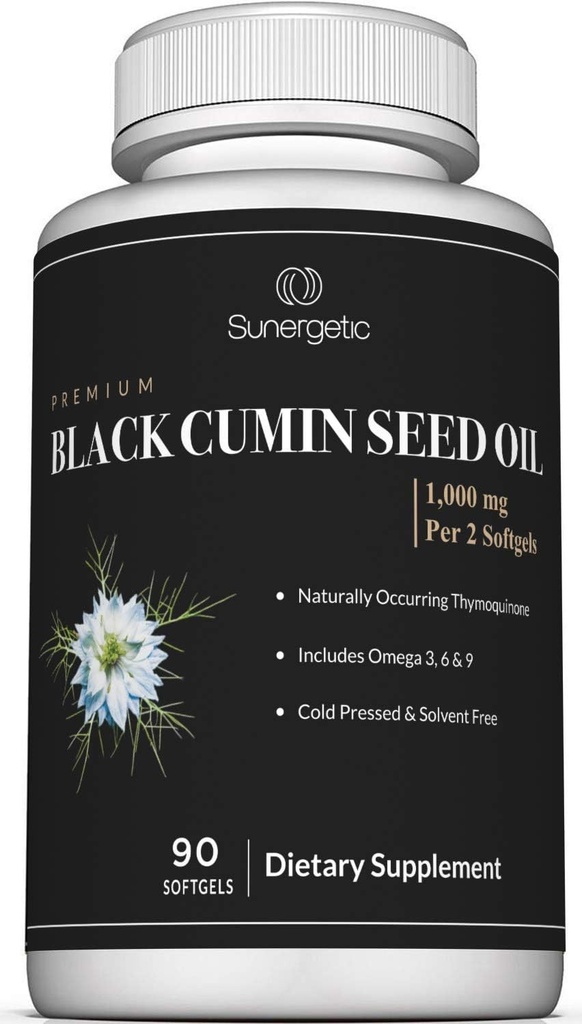 Sunergetic Premium Negro Cumin Seed Oil Softgels – 1.000 mg de aceite de semilla negra por ser – No GMO frío prensado Nigella Sativa – Incluye Thymoquinone &amp; Omega’s - 90 Softgels