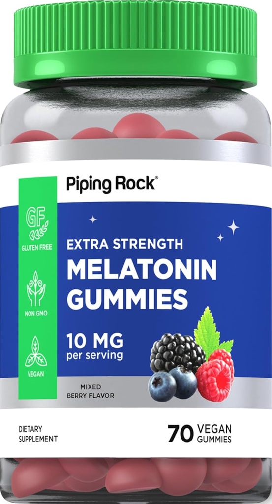 Piping Rock Melatonin Gummies 10mg  70 Gummies de adultos veganos ← Berry Flavor ← Non-GMO, Gluten Free