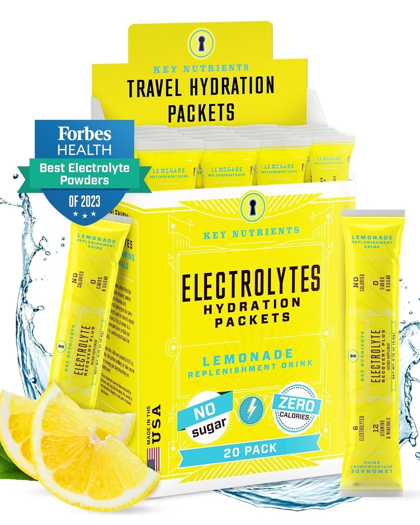 KEY NUTRIENTS Electrolytes Powder Packets - Refreshing Lemonade 20 Pack Hydration Packets - Travel Hydration Powder - No Sugar, No Calories, Gluten Free - Made in USA