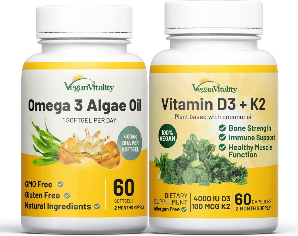 Vegan Vitality Health Booster Bundle - Vegan D3+K2 y Vegan Omega 3 Algae Oil. High Strength Plant Based Formula for Immunity, Energy Total Health for Vegans and Vegetarians