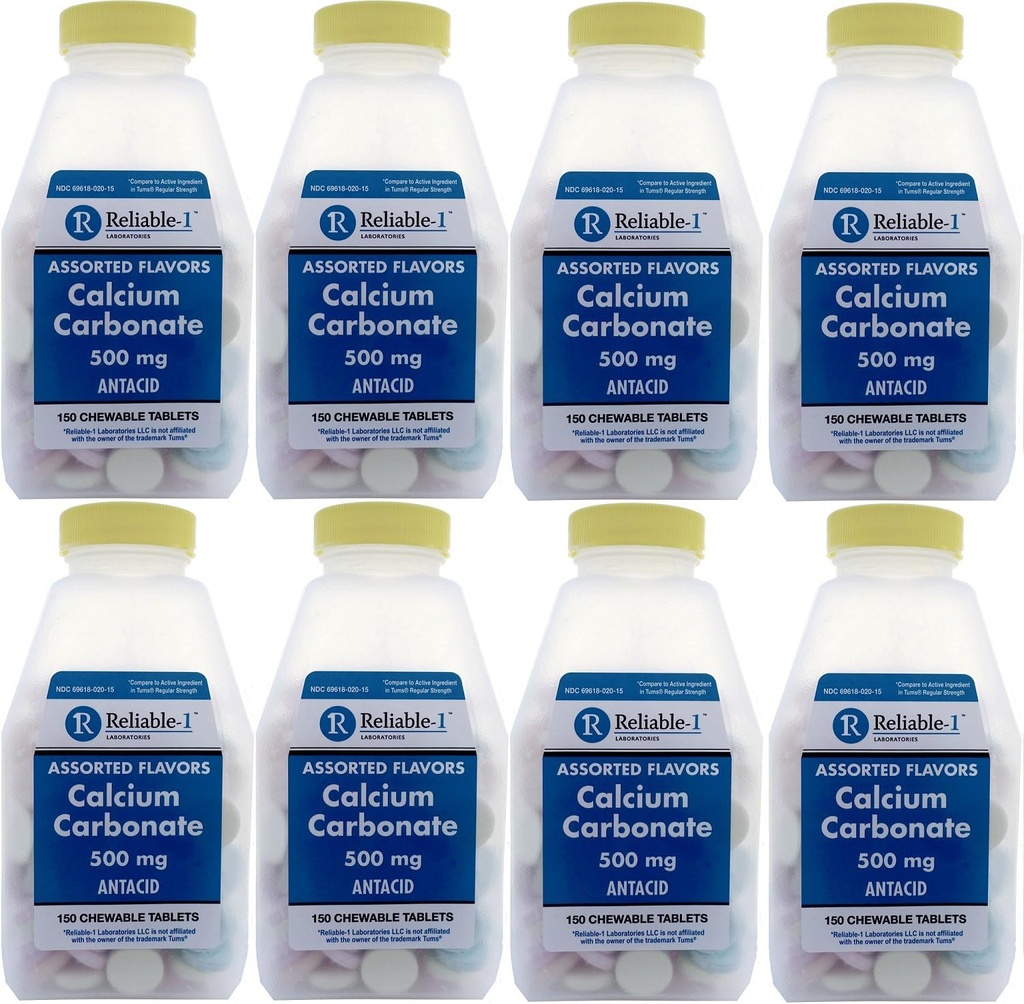Calcium 500 mg Generic for Tums Assorted Fruit Flavored Chewable Tablets Regular Strength Antacid for Acid Indigestion, Heartburn, Sour Stomach 150 Chewable Tablets per Bottle Pack of 8