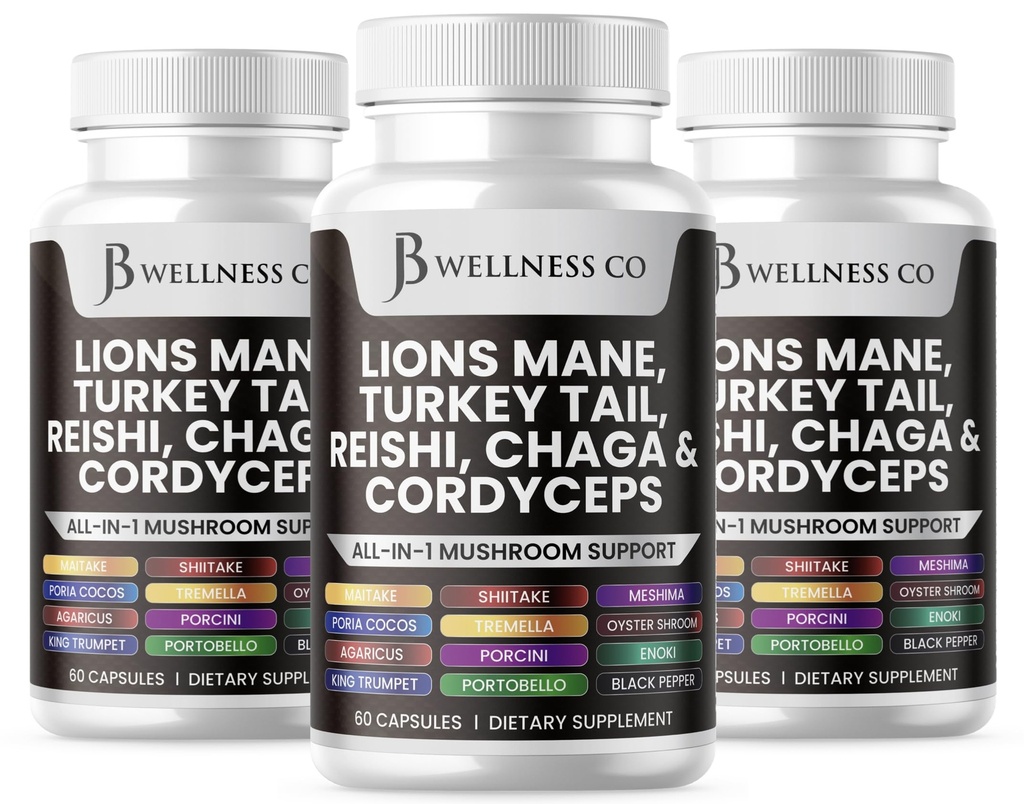 Lions Mane Suplemento Cognitive Support, Immune Health with Turkey Tail 20in1 Mushroom Reishi Cordyceps Chaga with Marshmallow Root -180 Count