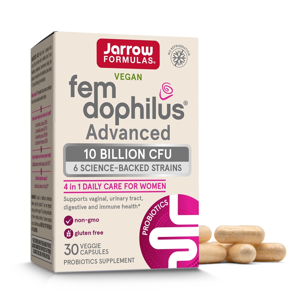 Fórmulas Jarrow Fem-Dophilus Avanzadas Vaginal & Probióticos Digestivos 10 Billones CFU Con 6 Strains clínicamente estudiados, Para Vaginal, Urinary Tract, Digestive &amp; Immune Support, 30 Capsules, Shelf-Stable