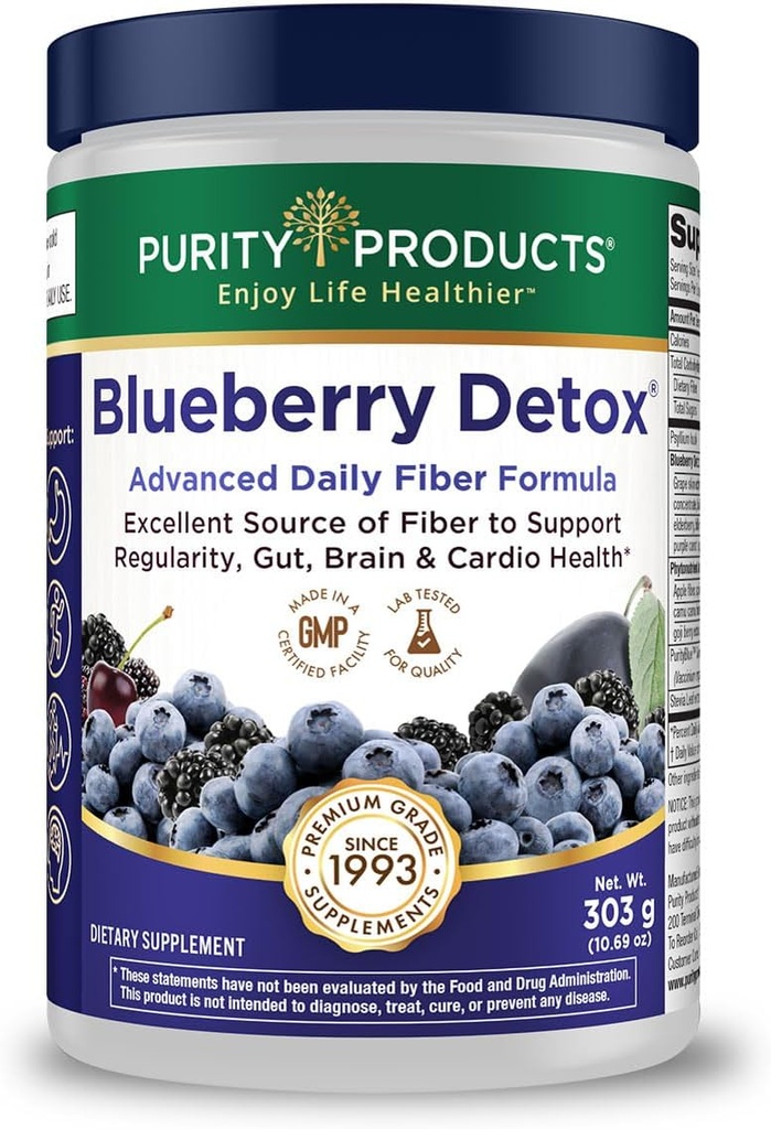 Advanced Blueberry Detox Daily Fiber Formula by Purity Products - Featuring PurityBlue Organic Wild Blueberries - A Full 6 Grams of Detoxifying, Regularity Promoting Prebiotic Fiber - 30 Servings