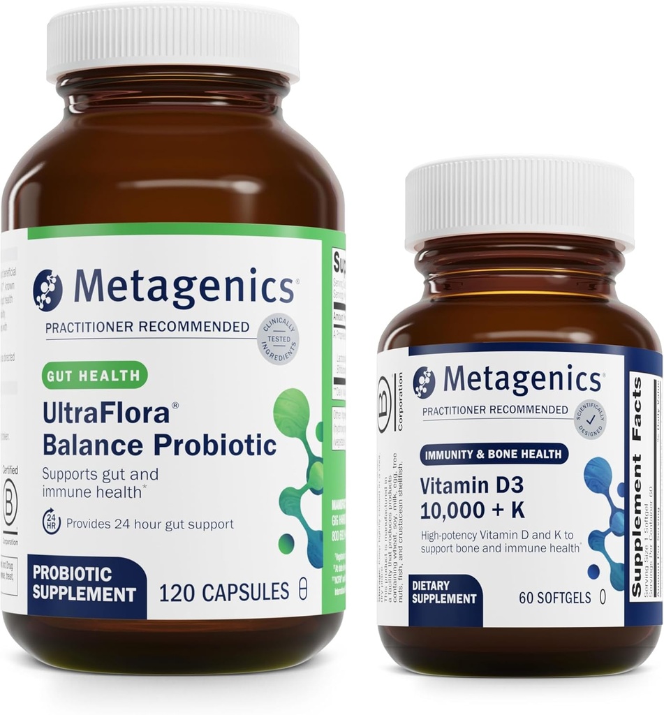 Metagenics Bundle - UltraFlora Balance " D3 10,000 + K - 120 Capsules de UltraFlora Balance para la Salud Digestiva - 60 Softgels de D3 10.000 + K para soporte inmunitario, salud ósea " salud cardíaca