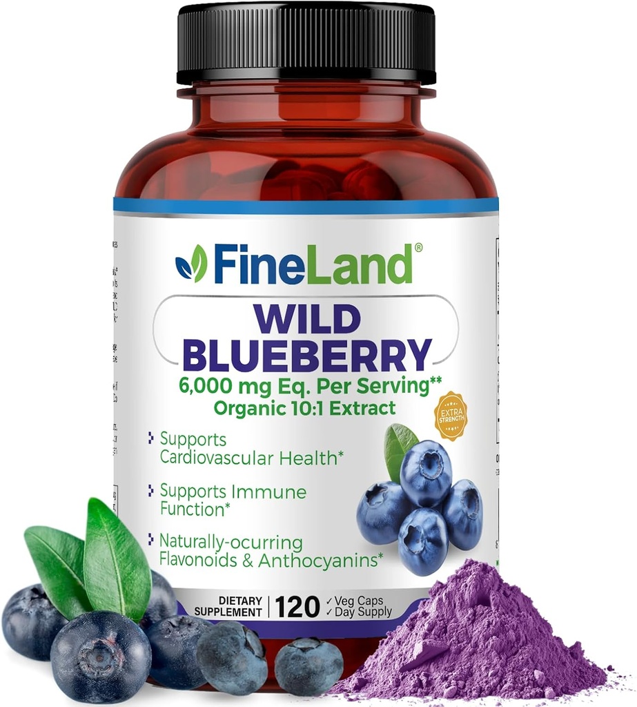 FineLand Wild Blueberry 10:1 Extracto, 6.000 mg Strength, 120 cápsulas Vegan, Rich in Flavonoids &amp; Anthocyanins, Antioxidant Support for Brain & Heart Health, 4-Month Supply, Non-GMO Made in USA