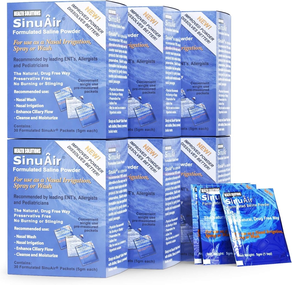 SinuAir Sinus Rinse Salt Solution - Saline Powder for SinuPulse System, Neti Pot Flush, Nasal Wash Squeeze Bottle, " Nose Irrigation, Enhanced Formulation " Cleaning for Sinuses, 180 Packets