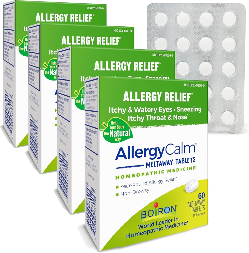 Alergia de BoironCalm Tablets 240 Cuenta, Alivio de Alergias y Hay Fiebre Síntomas de Sneezing, Runny Nose, Itchy Eyes, Throat, Allergy Calm Tabs (Formerly RhinAlergy) (Pack of 4 60ct Boxes)