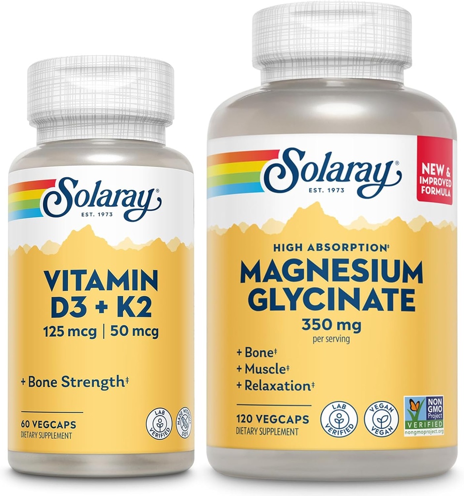 SOLARAY Vitamina D3 K2 y Magnesium Glycinate - Bone Health Bundle - Calcium Absorption, Nerve, Heart and Immune Support w/ 5000 IU Vitamina D, 350mg Magnesio Chelated, 60-Day Guarantee, 60ct/120ct