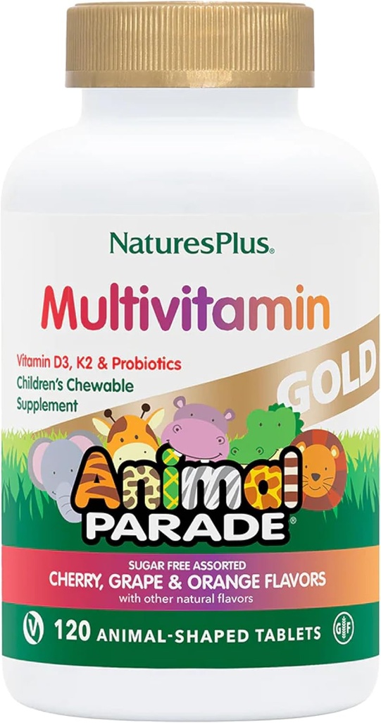 NaturesPlus Animal Parade Gold Children's Multivitamin - Cereza surtida, Orange &amp; Grape Flavors - 120 Animal-Shaped Chewable Tablets, Pack of 3 - Vegan, Gluten Free - 180 Total Servings