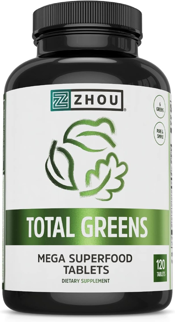 Zhou Total Greens - Super Greens Suplementos, Daily Veggie Pills, Superfood Tabs, Suplementos vegetales para adultos, tabletas de vitaminas - 120 Tablets