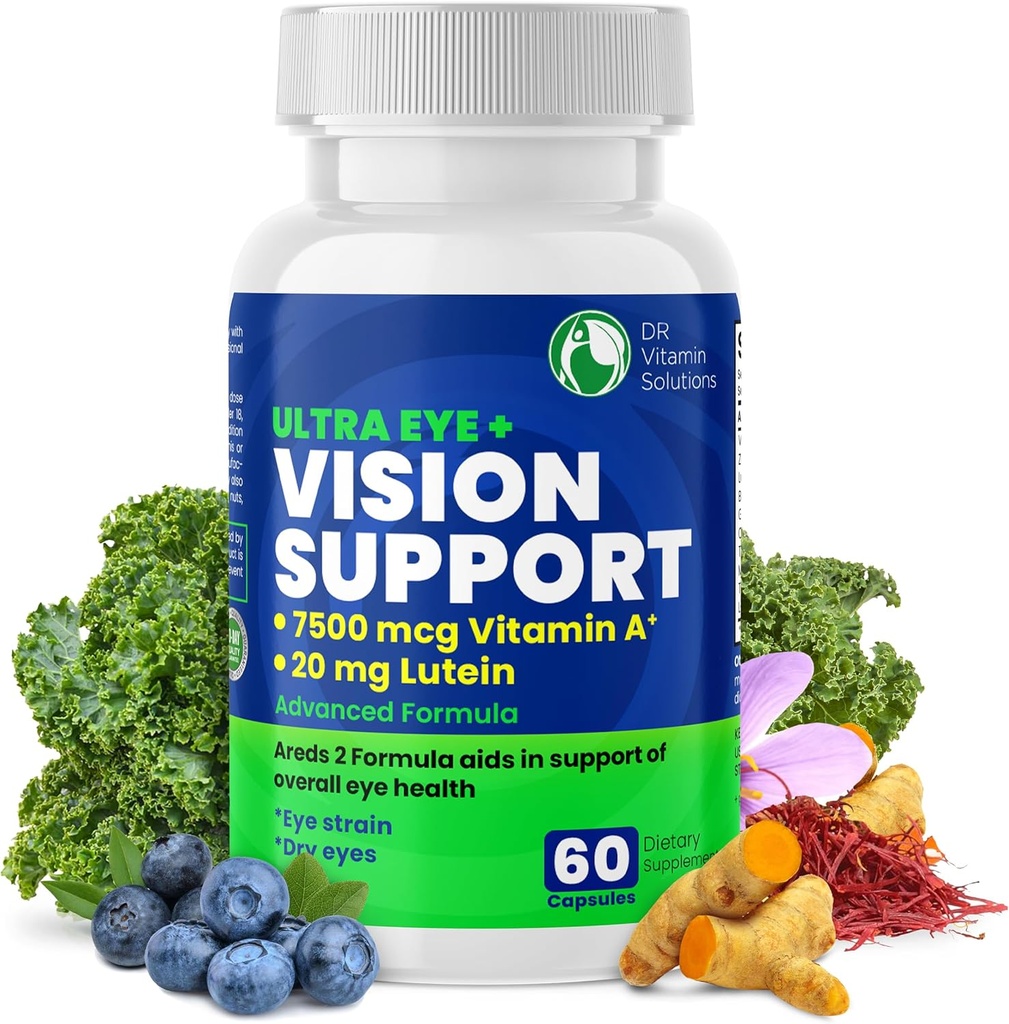 DR VITAMIN SOLUTIONS Vision Support Eye Vitamins for Macular Health ← Suplementos con Lutein, Zinc, Vitamina A &amp; Bilberry ← Areds 2 Fórmula para los ojos rojos y secos, Cuidado de la vista (1 Botella, 60 cápsulas)