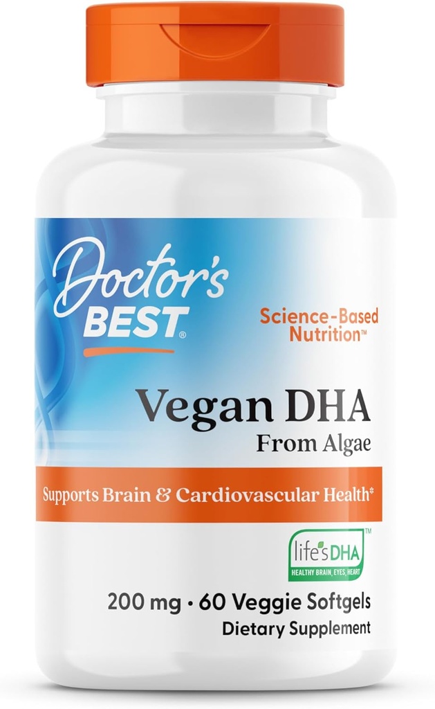 Doctors Best Vegan DHA from Algae, Supports Brain & Cardiovascular Health, Non-GMO, Gluten Free, Soy Free, Vegan 60 Veggie Softgels