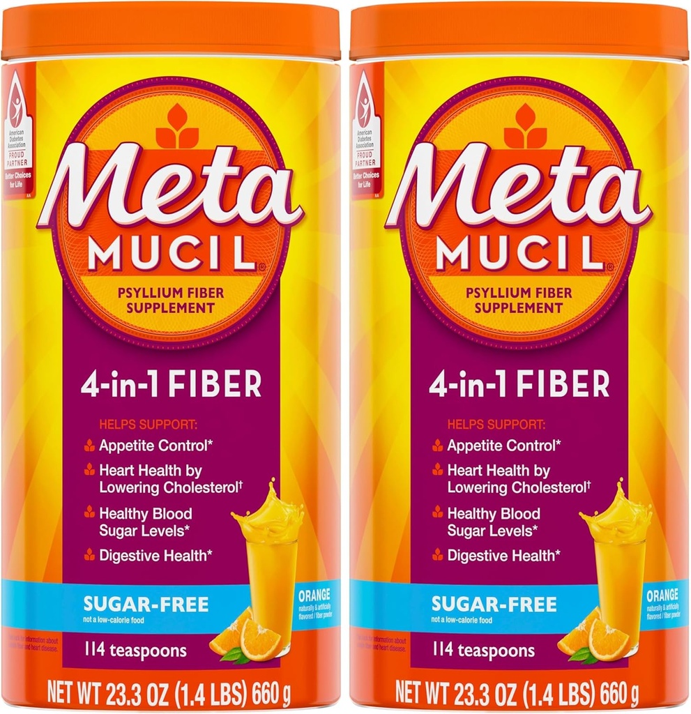 Metamucil, Daily Psyllium Husk Powder Supplement, Sugar-Free Powder, 4-in-1 Fiber for Digestive Health, Orange Flavored Drink, 114 teaspoons, 1.4 Pound (Pack of 2)