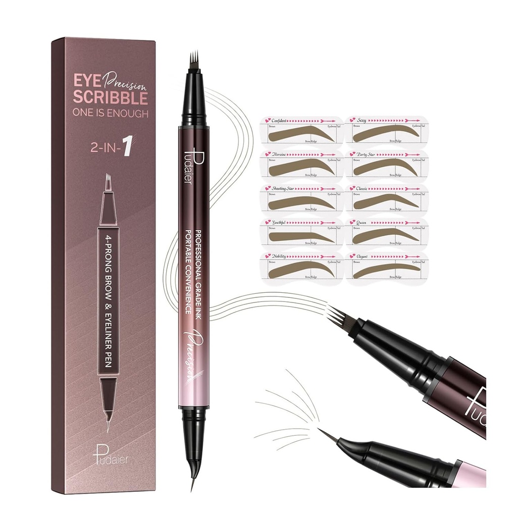 Pluma de la ceja curvada Pudaier 2-in-1 con 10Pcs Stencils de ceja, Pluma de la ceja Microblading, A prueba de agua " Long Lasting, Truffle