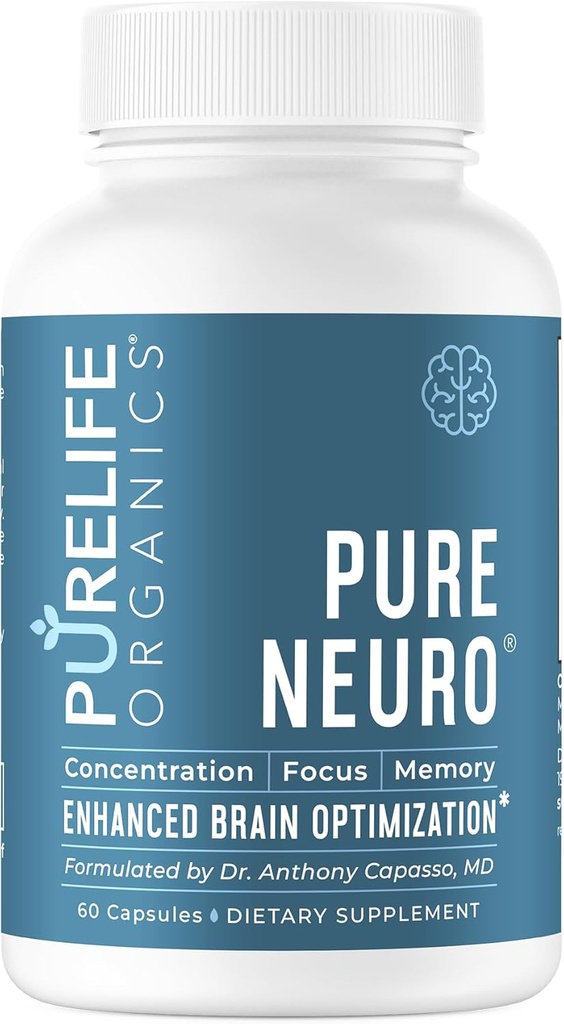 PuraLife Orgánicas Pura Neuro - Suplemento para Eliminar Fog Cerebro, Apoyo a la memoria " Mejora de enfoque - 30 Day Supply - 60 cápsulas Vegan " Gluten-Free - Doctor Formulado para el apoyo a la salud cerebral