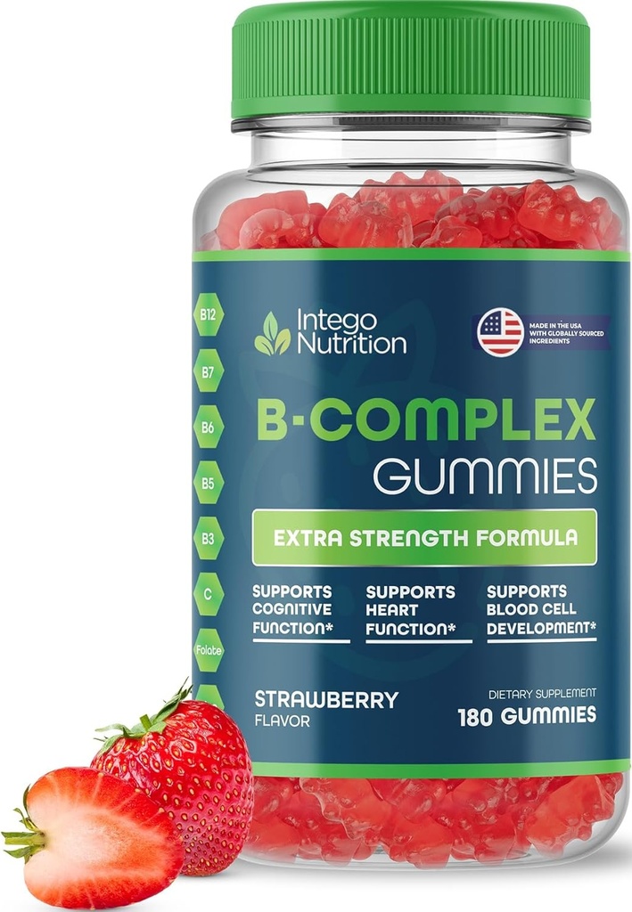 Vitamina B Complejo Gummies para Adultos, B Complejo Suplemento Vitamina para Mujeres y Hombres, B Vitaminas Complejo Gummies para Energía y Salud Cerebro, Sabor de Fresa Natural, 180 Condes
