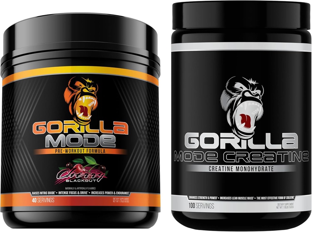 Gorilla Mind Pre Workout (Cherry) + Creatine (100 Serv.) - Estadio completo para mejorar la fuerza, potencia de salida y tamaño del músculo