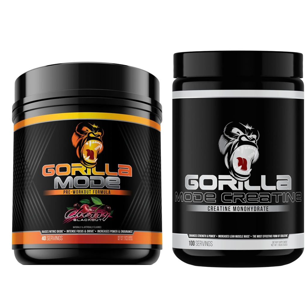 Gorilla Mind Pre Workout (Cherry) + Creatine (100 Serv.) - Estadio completo para mejorar la fuerza, potencia de salida y tamaño del músculo
