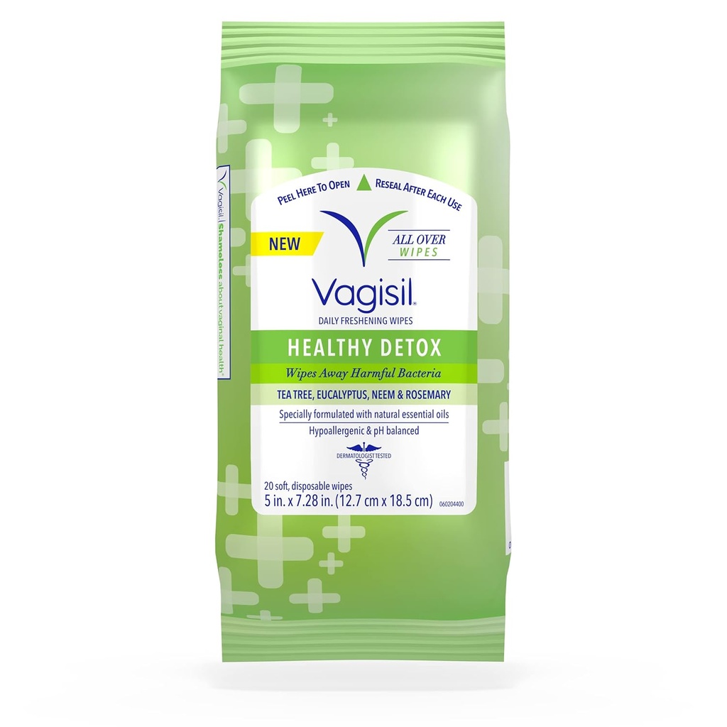 Vagisil Wipes for All Over Cleaning, Health Detox, Formulado con Aceites Esenciales, 20 Uvas en un Pouch Re-Sealable (Pack of 1)