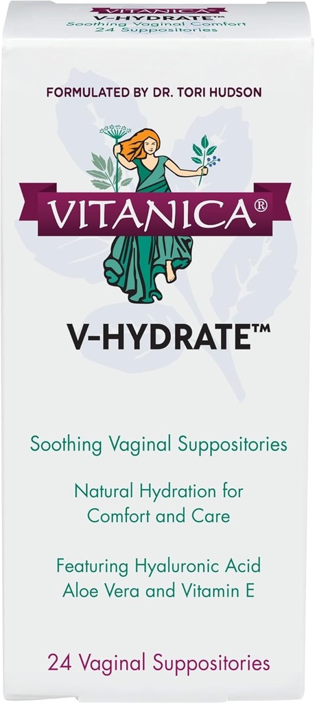 Vitanica V-Hydrate, Hyaluronic Acid Vaginal Suppositories for Comfort and Vaginal Hydration with Aloe Vera and Vitamin E, Hormone-Free, Vegan, 2 Month Supply, 24 Count
