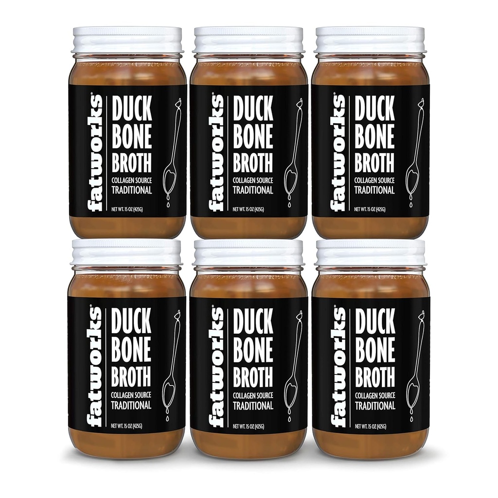 Fatworks Gourmet Cage-Free Duck Bonth, Tradicional Flavor, Keto, Paleo, Collagen Rich, Preservative Free, 6 pack de 15 oz. Jars