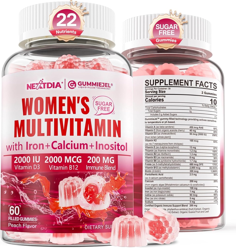 Multivitamina metilada para mujeres Gummies, Calcio, D3 K2, Methylfolate & B12, Inositol, Vitamina diaria A, C, E, Complejo B, Biotina, Hierro - Energía, Inmune, Hueso, Piel, Pelo - Vegan, Azúcar Gratis, 60 Condes
