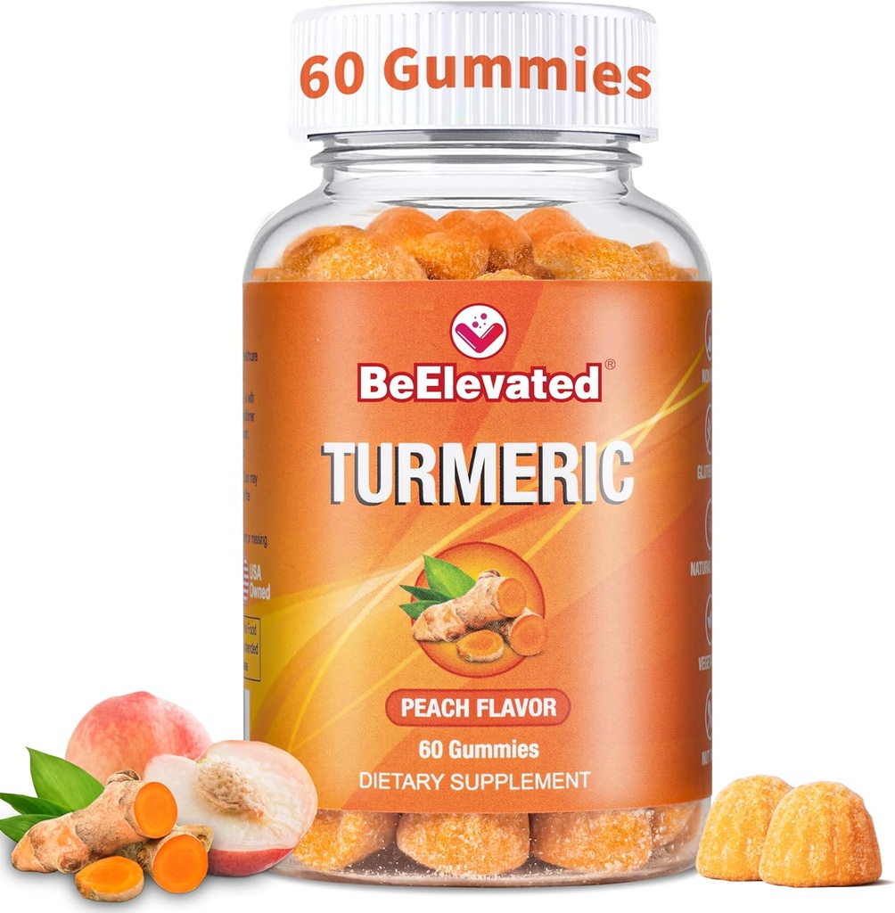 Curcumin Turmeric Gummies – Extra Strength 2000mg 8:1 Extracto Turmeric Suplemento Gummies con Pepper Negro y jengibre – Vegan Non-GMO Joint Support Chewables – Peach Flavor, 60 Conde