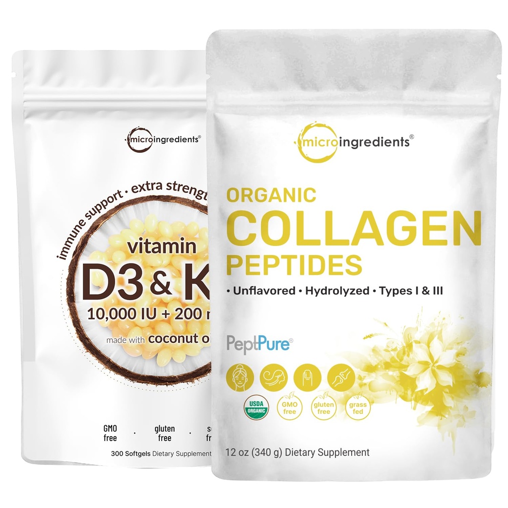 Micro Ingredientes Vitamina D3 10000 iu + K2 200 mcg Aceite de coco Softgels &amp; Péptidos de colágeno orgánicos Powder Bundle 2 Pack ← Esencial Sunshine Vitaminas ← Hidrolyzed Tipo I & III Bovine Collagen