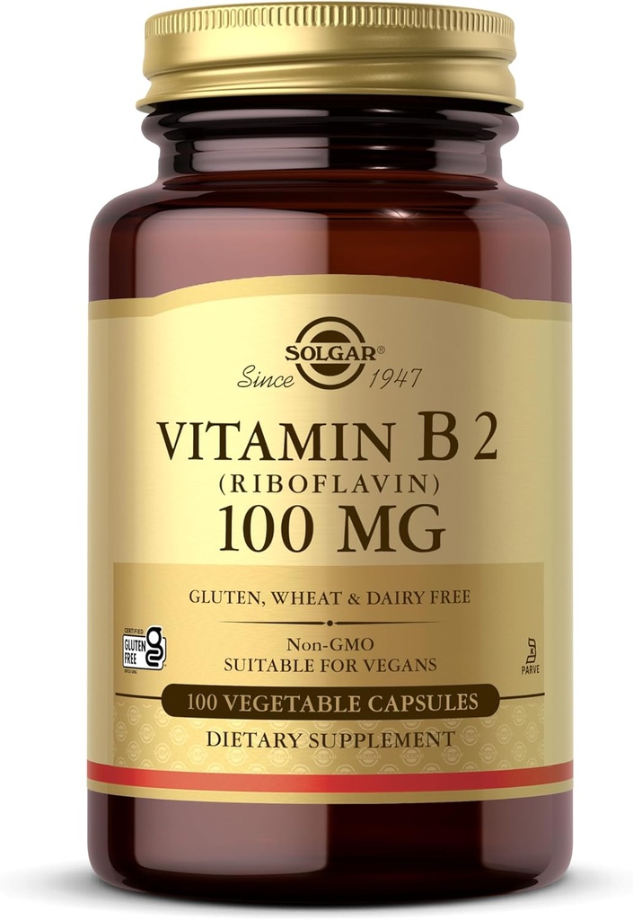 Solgar Vitamin B2 (Riboflavin) 100mg, 100 Vegetable Capsules - Energy Metabolism, Healthy Nervous System - Non-GMO, Vegan, Gluten Free, Dairy Free, Kosher - 100 Servings