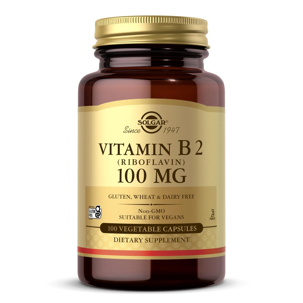 Solgar Vitamin B2 (Riboflavin) 100mg, 100 Vegetable Capsules - Energy Metabolism, Healthy Nervous System - Non-GMO, Vegan, Gluten Free, Dairy Free, Kosher - 100 Servings