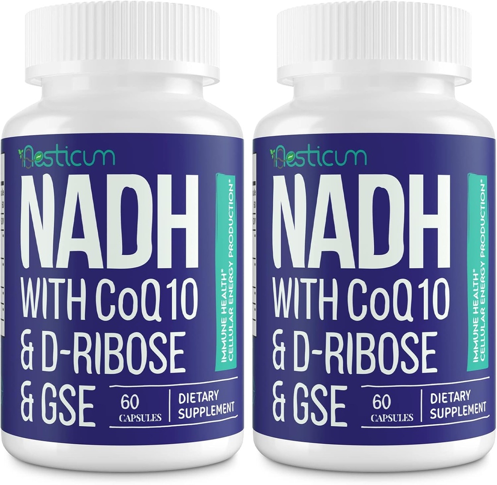 NADH 50mg + CoQ10 200mg + D-Ribose 150mg Suplemento, Boosting NAD+ Suplementos para Sistema Inmunitario, Energía Celular, Focus, Dinucleótido de adenina reducida de Nicotinamida, 120 cápsulas de verduras