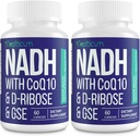 NADH 50mg + CoQ10 200mg + D-Ribose 150mg Suplemento, Boosting NAD+ Suplementos para Sistema Inmunitario, Energía Celular, Focus, Dinucleótido de adenina reducida de Nicotinamida, 120 cápsulas de verduras