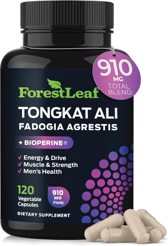 Tongkat Ali y Fadogia Agrestis para Hombre Suplemento w/BioPerine - Tonkat-Ali Max Strength 200:1 Extracto - Long Jack Tongkat-ali para Hombre - Crecimiento muscular, rendimiento & energía - 120 cápsulas de polvo