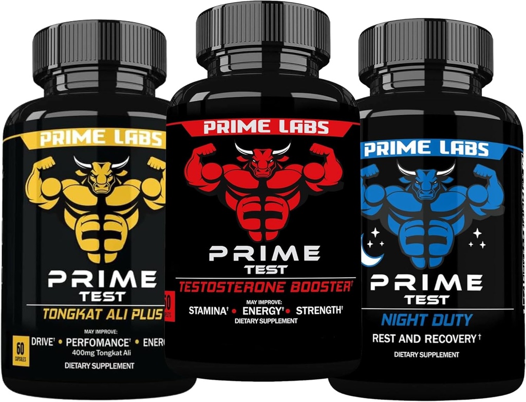 Prime Labs Prime Testosterone Booster + Night Duty Sleep Suplemento + Tongkat Ali Plus (60 Cuenta cada uno)