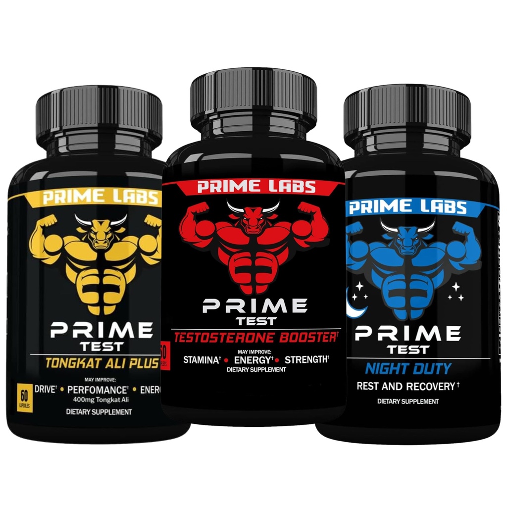 Prime Labs Prime Testosterone Booster + Night Duty Sleep Suplemento + Tongkat Ali Plus (60 Cuenta cada uno)