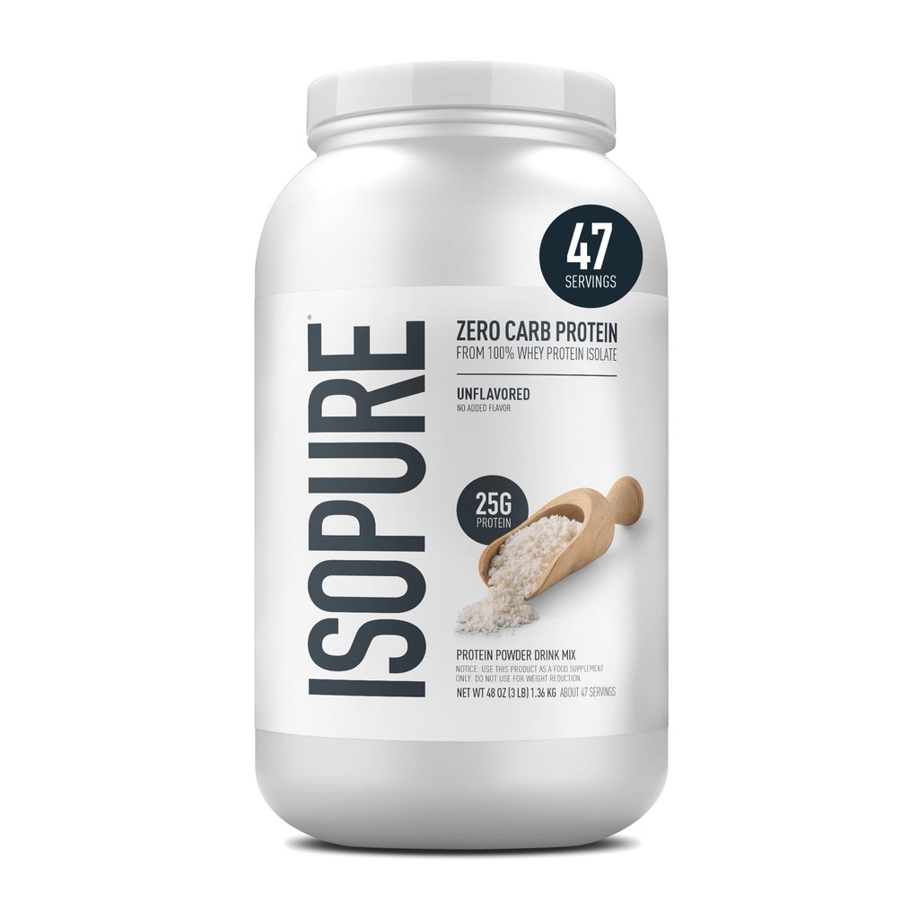 Isopure Zero Carb 100% Pure Whey Isolate Protein Powder, Lactose Free, Gluten Free, With Vitamins, Unflavored, 25g Protein Por Serving, 3 Lbs, 47 Servings (Packaging May Vary)