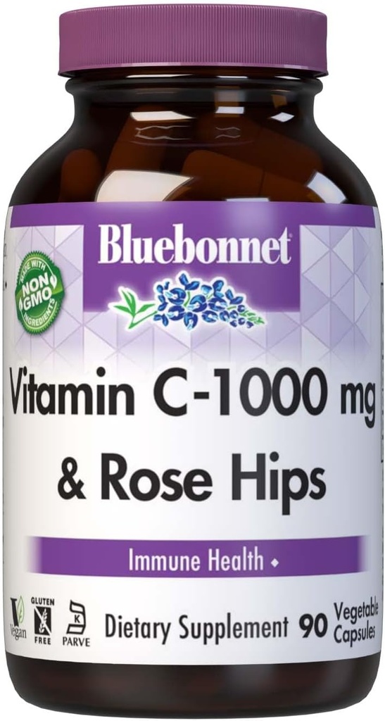 Bluebonnet Nutrition Vitamina C-1000 mg Plus Rose HIPS Vegetable Capules, for Immune Health, for Antioxidant Protection, Soy Free, Gluten Free, Non-GMO, Kosher, Dairy Free, Vegan, 90 Count
