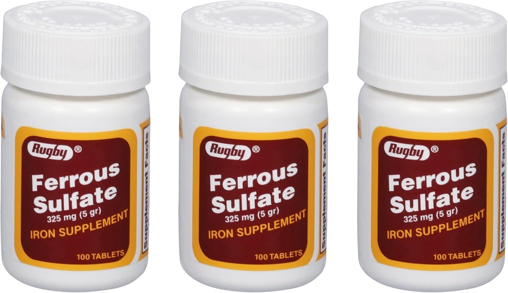 Rugby Ferrous Sulfate 325mg Tablets - Suplemento de hierro para mujeres y hombres - 100 Cuenta (3 Pack)