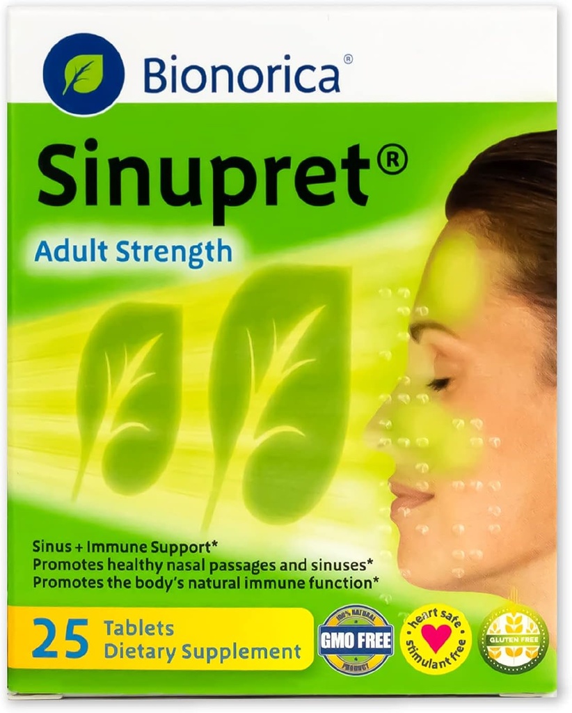Sinupret Adult Strength Sinus + Immune Support All Natural, Fast Acting Herbal Nasal Passage &amp; Immunity Boost Supplement with Verbena & Elder Flower - 25 Tablets