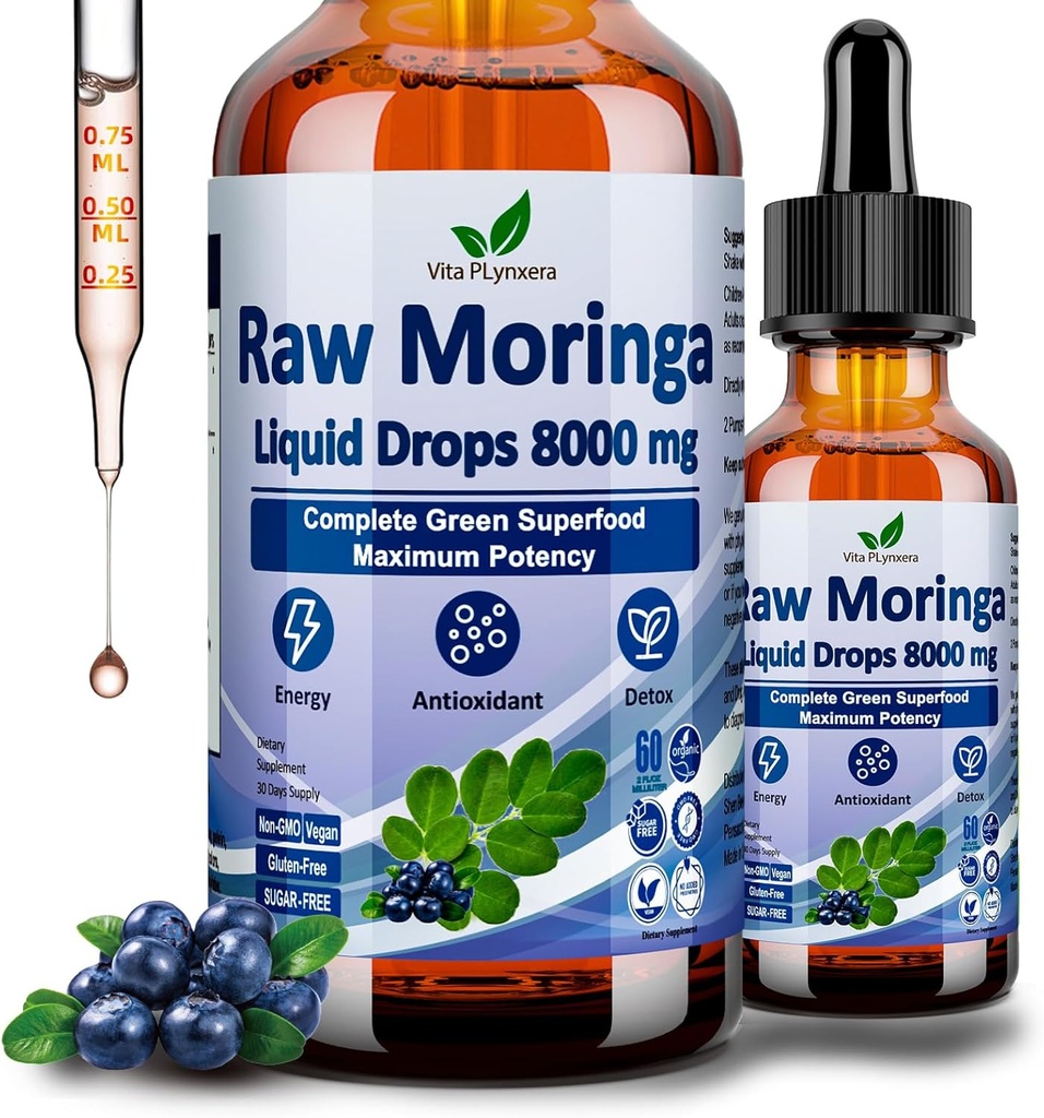 Raw Moringa Liquid Drops 8000 mg, Orgánica Moringa Oleifera Leaf Extract w. Supergreens Blend of Wheatgrass, Barley Grass for Antioxidant, Energy &amp; Immune, High Potency Than Capsules Powder