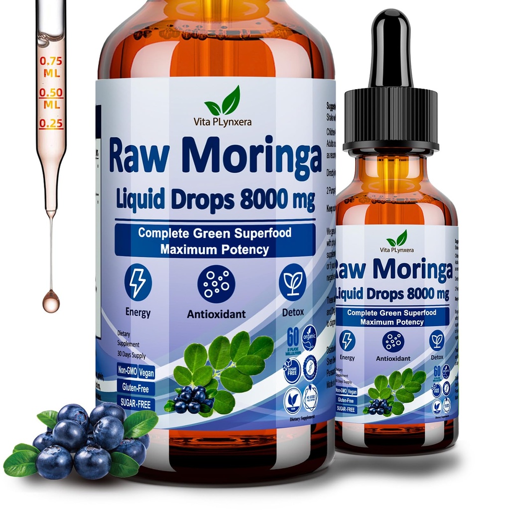 Raw Moringa Liquid Drops 8000 mg, Orgánica Moringa Oleifera Leaf Extract w. Supergreens Blend of Wheatgrass, Barley Grass for Antioxidant, Energy &amp; Immune, High Potency Than Capsules Powder