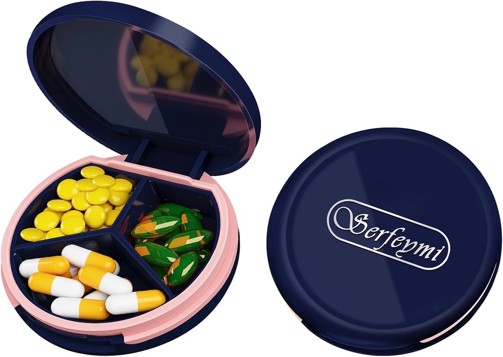 Serfeymi Small Pill Box - 3 Compartments Portable Pill Box for Purse Pocket, Compact Mini Travel Pill Case - Suitable for Medicine, Vitamin, Fish Oil, Supplements - Dark Blue(Logo)