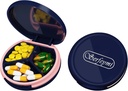 Serfeymi Small Pill Box - 3 Compartimientos Caja de Píldora Portátil, Caja compacta de Píldora de Viaje Mini - Adecuado para Medicina, Vitamina, Petróleo de Pesca, Suplementos - Azul Oscuro (Logo)