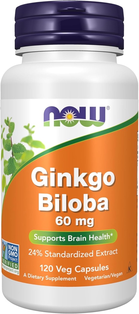 AHORA Suplementos Alimentarios, Ginkgo Biloba 60 mg, 24% Extracto Estándarizado, Proyecto No OGM Verificado, 120 cápsulas Veg