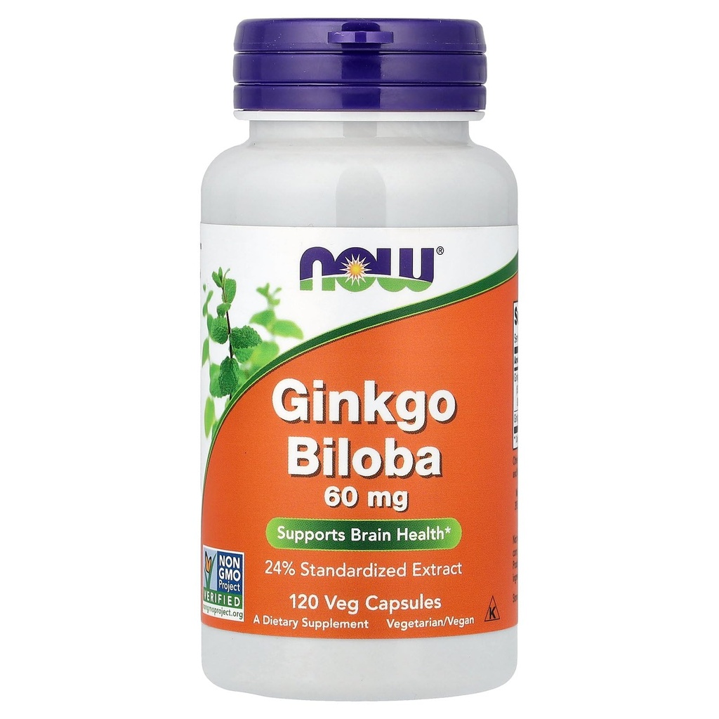 AHORA Suplementos Alimentarios, Ginkgo Biloba 60 mg, 24% Extracto Estándarizado, Proyecto No OGM Verificado, 120 cápsulas Veg